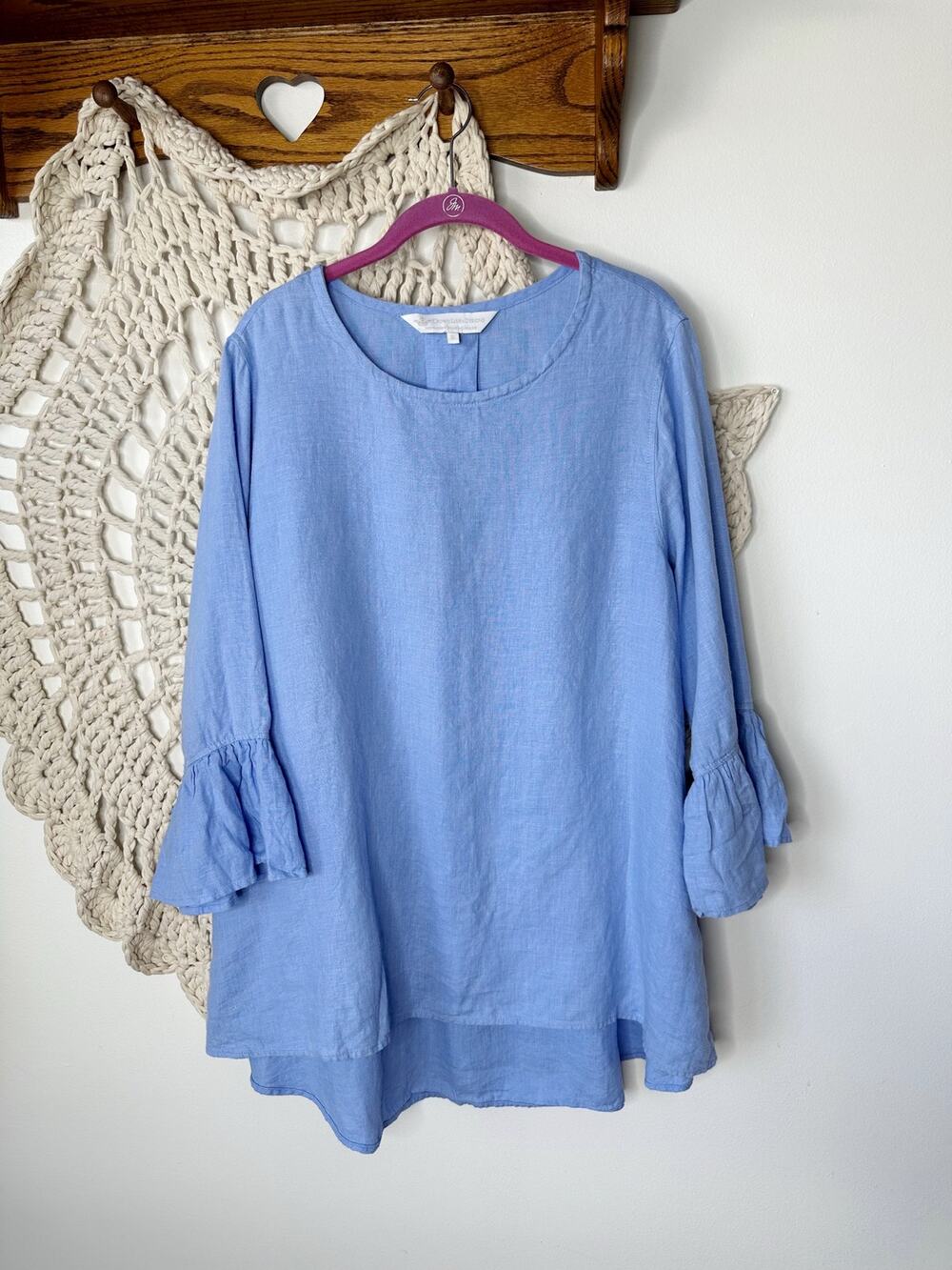 Crown Linen Designs Blue Tunic Flared Sleeve Top Size XL